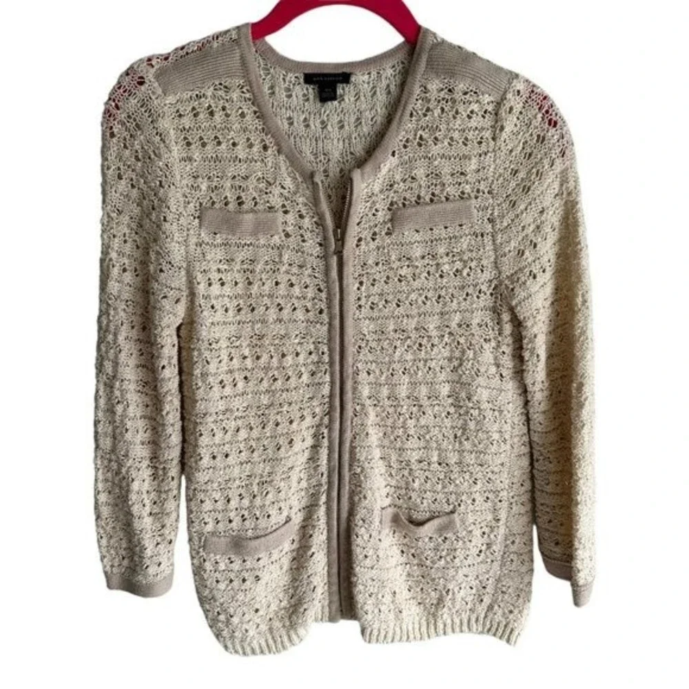 ANN‎ TAYLOR Ivory Crochet Full Zip Ladies Casual Cardigan Sweater, XS